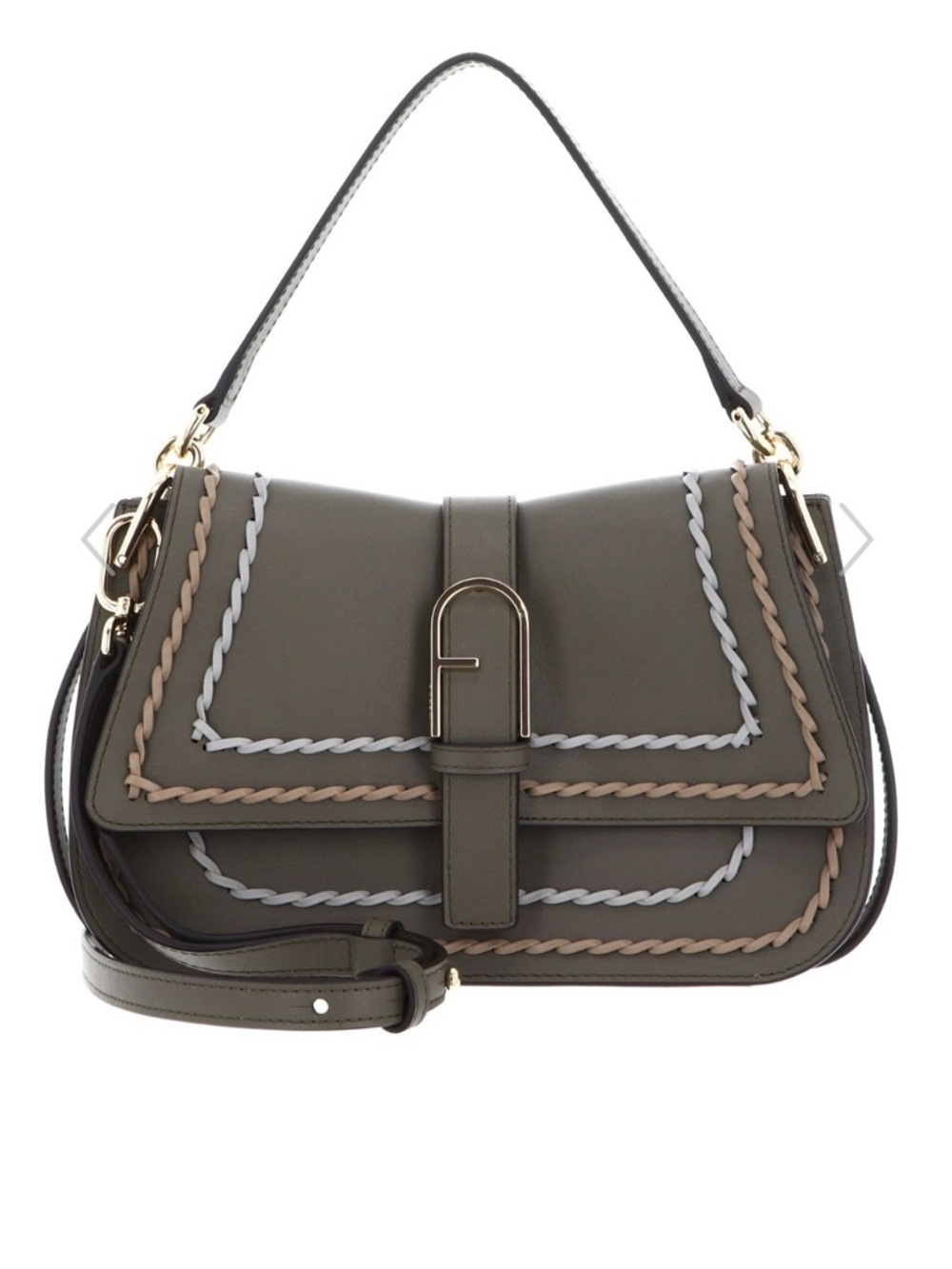 Furla Olive Leather Shoulder Bag with Braided Trim